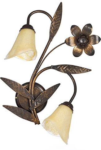 ONLI - Applique murale 2 bras en métal marron avec nuances dorées et verres couleur ambre