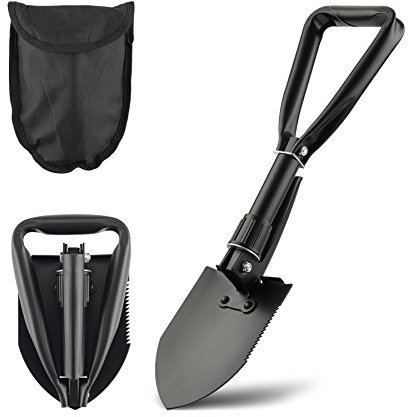 Fithalt multifunktionaler Klappspaten Feldspaten Schneeschaufel Folding Shovel aus Carbonstahl mit Säge und 600D PVC Nylontasche für Outdoor Camping Wandern Garten rostfrei klappbar schwarz