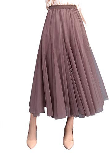 FEOYA A-Linie Elegant Lange Tutu Hohe Elastische Taille Midi-Rock Großer Saum Faltenrock Damen Tüllrock Weiche Tüll Petticoat Einheitsgröße - Khaki