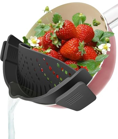 YEVIOR Clip on Strainer for Pots Pan Pasta Strainer, Silicone Food Strainer Hands-Free Pan Strainer, Clip-on Kitchen Food Strainer for Spaghetti, Pasta, Ground Beef Fits All Bowls and Pots - Black