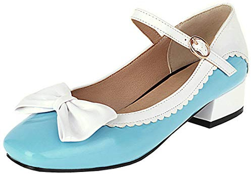 Etebella Damen Mary Jane Blockabsatz Pumps Lack mit Riemchen und Schleife Rockabilly Schuhe(Blau,35)