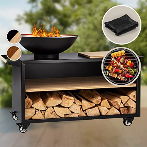 blumfeldt Savage 2.0 Feuerschalen-Grill - Ø Feuerschale: ca. 60 cm, Wasser- und frostfester Grill, Brennstoff: Feuerholz oder Holzkohle, aus Stahl, mit stabilem Sockel, Typ: Breit, schwarz