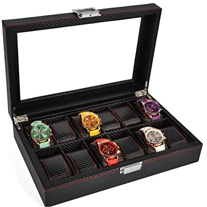 Scatola Portaoggetti per Orologi Custodia per Espositore per Orologi Custodia in pelle con Cinturino in Fibra di Carbonio Organizzatore per Collezione di Gioielli con Coperchio in Vetro (12 Slot)