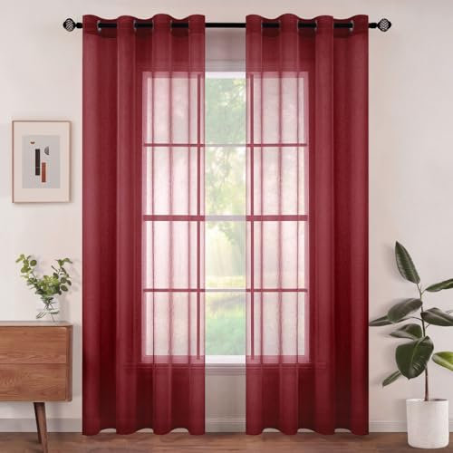 Woaboy Voile Gardinen Vorhänge Transparent Wohnzimmer mit Ösen Stores Gardinen Schlafzimmer Ösenvorhang Scheibengardine Schlaufengardinen Modern 2er Set 140x245 cm (B x H) Wein Rot