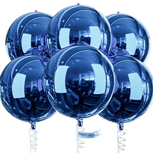 PartyWoo Luftballons Blau, 6 Stück Folienballons Marineblau, 22 Zoll Riesige 4D Folienballons Rund und Band, Luftballons Groß, Folienballons für Geburtstagsdeko, Hochzeitsdeko, Partydeko