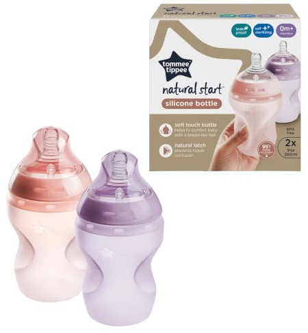 Tommee Tippee Natural Start Anti-Colic - Bottiglie in silicone senza BPA, 266 ml, per neonati a partire da 0 mesi, in silicone che si sente come la pelle della madre, flusso lento, tettarella, rosa e