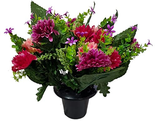 INERRA Cemetery Grave Vase Pot with Pink and Cerise Artificial Chrysanthemum Flowers