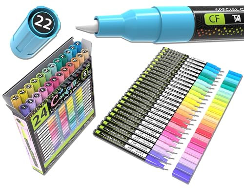 24 Confetti Colors Acrylic Paint Pens Markers Set 0.7mm Extra Fine Tip, Rock Painting, Glass, Mugs, Wood, Metal, Canvas, Ceramics, DIY Projects, Illustration. Non Toxic, Waterbased, Quick Drying