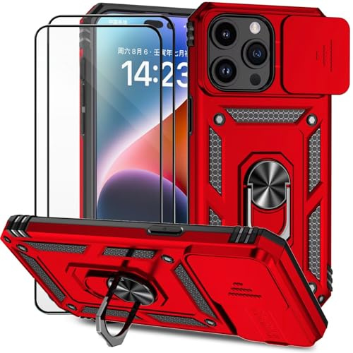 Dechyi für iPhone 14 Pro 6.1 Zoll Hülle mit Panzerglas Schutzfolie SchutzZoll Hülle mit Kameraschieber Case 360° Drehbarer Militä Ständer Stoßfest Cover-Rot