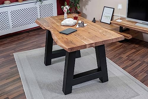 SAM Esstisch 160 x 85 cm Cali, Baumkantentisch naturfarben, Akazienholz massiv, A-Gestell aus Metall Schwarz, aufgedoppelte Kanten 25+25 mm