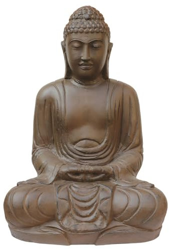 STONE art & more Sitzende Buddha-Statue Japan, 80 cm, Garten-Deko, glasfaserverstärkter Beton (GRC), braun antik, frostfest