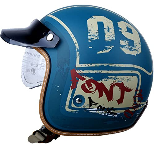 Motorcycle Helmet, Jet Helmet, Vintage Scooter Helmet, Retro Chopper Helmet with Sun Visor, Moped Helmet, ECE 22-06 Certification (55-60CM)