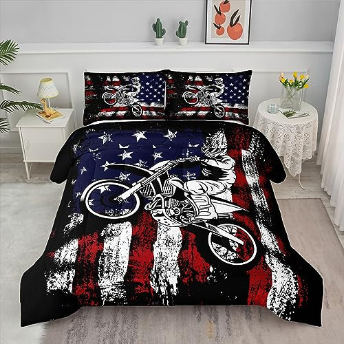 Axolotl Dirt Bike Tröster-Set für Doppelbett, amerikanische Flagge, Motocross-Bettwäsche-Set, weiß-rote Streifen, Sterne, Tröster-Set, Motorrad-Rennfahrer-Bettdecke für Jungen, Kinder, Teenager,