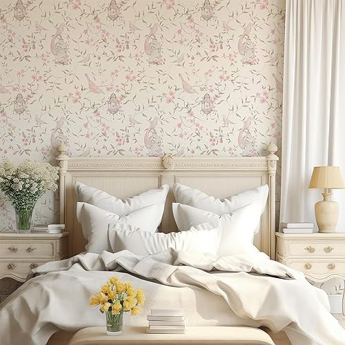 RollsRolla Chinoiserie Papier peint avec oiseau rose et fleurs, papier peint français pour chambre à coucher, papier peint autocollant amovible