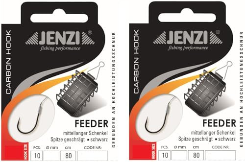 Set: 2 Packungen gebundene Feeder-Haken von Jenzi, Method Feeder (20 Stück) an Mono Schnur Vorfach - Haken fertig + gratis Petri heil! Aufkleber. (Hakengröße # 8)
