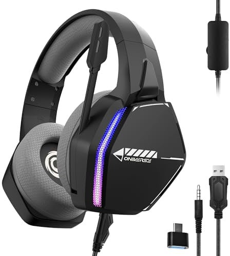 Oniverse - Cascos gaming PS5 PS4 Xbox Switch PC Mac con micrófono ajustable, LED, altavoces de 50 mm, almohadillas de tela transpirable, auriculares estéreo con cable Nebula (Infinite Black/Negro)
