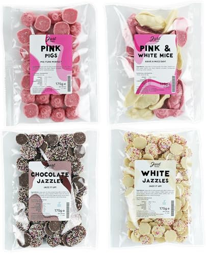 Just Treats Sweet Quartet - Pink Choc Pigs, Pink & White Mice, Choc Jazzles & White Choc Jazzles (4 x 175g Bags) - 5,23,24,30