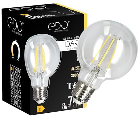 EDO Dekorative Glühbirne LED DARI E27 Filament 8W Warmweiß 3000K 1055lm CLEAR G80 Leuchtmittel Energiesparlampe Lampe Dekorative Ideal für Retro- und Industrial-Design