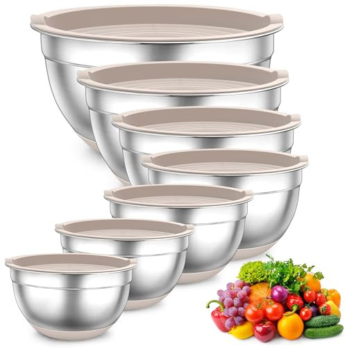 TEAMFAR Rührschüssel Set, 7 Stück Edelstahl Schüssel Salatschüssel mit Luftdichten Deckel und Silikonboden, 0,7L/1,2L/1,5L/2,5L/2,8L/3,5L/6,5L, Khaki