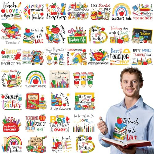 Gilprop 36 Pcs Teacher Week Iron on Transfers Pencil Print Iron on Decals Patches Heat Transfer Sticker Inspirational Gifts for T-Shirts Clothes Bag Hat Decor DIY