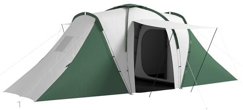 Outsunny Tienda de Campaña Familiar Tipo Túnel para de 4-6 Personas 555x225x190 cm Impermeable 3000 mm Tienda de Camping Plegable con 2 Dormitorios Bolsa para Senderismo Gris y Verde