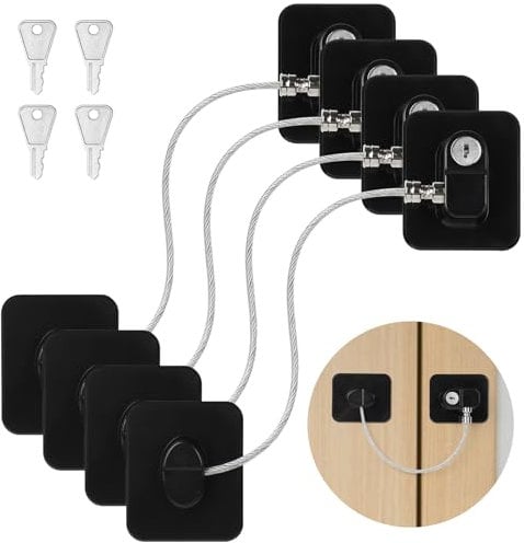MirraSwit 4 Piezas Cerradura Nevera, Cerradura para Puerta de Frigorífico, Negro Autoadhesivo Cerradura Ventana, No Requiere Taladrar para Puerta, Ventana, Gabinete, Armarios