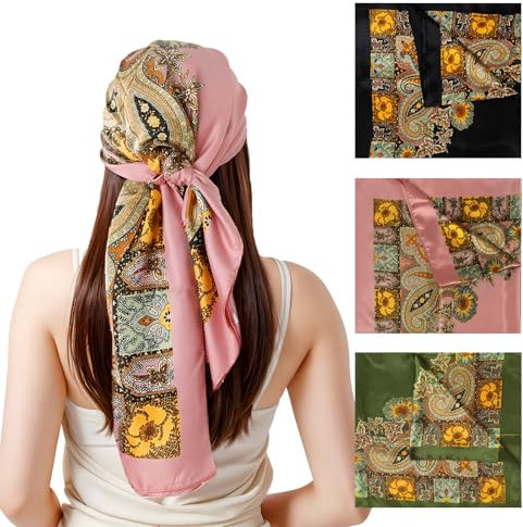 3 pcs Ladies Simulation Silk Scarf Hijab Elegant Scarf Hijab Large Square Scarf 90 * 90cm Ladies Girls Scarf Hijab (Rosa, Grün, Schwarz)
