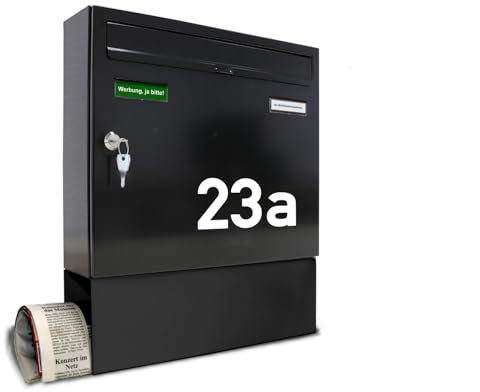 AL Briefkastensysteme Briefkasten mit Hausnummer schwarz RAL 9005 - Basic 1er Briefkasten mit Zeitungsfach und Namensschild wetterfest Din A4 - Postkasten mit Hausnummernschild personalisiert