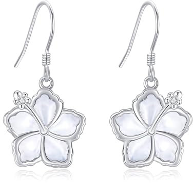 Hibiskus Ohrringe S925 Sterling Silber Hibiskus Ohrhänger Muschel Blumen Ohrringe Hibiskus Schmuck für Frauen