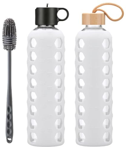 BLUEGO Botellas de cristal, 900 ml Vaso de cristal, botellas para beber con 2 tapas, botella de agua deportiva con funda de silicona, a prueba de fugas, blanco