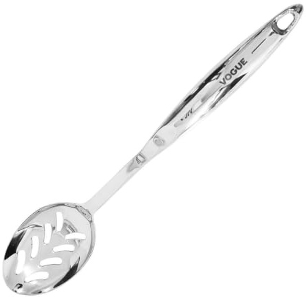 Vogue Stainless Steel Slotted Serving Spoon Dishwasher Safe, 360mm | Features a hook handle to prevent slipping into deep pots, with a durable design built to withstand commercial kitchens.