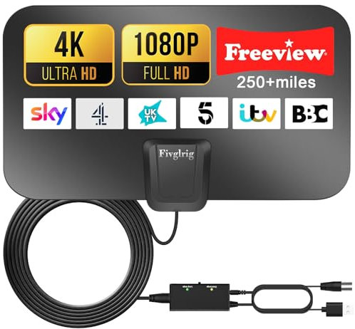 Upgraded TV Aerial, Digital TV Aerial Indoor for Freeview TV, Amplified Indoor Aerial with Booster 250+ Long Range Reception, TV Antenna Support 4K 1080P HDTV & 13 ft Coax Cable