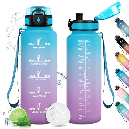 Gourde Grande 1.5L, Bouteille de Motivation, Gourde Marqueur de Temps, Étanche & Réutilisable, Gourde Sport avec Filtre, Gourde Motivation pour Adulte, Cyclisme, Bureau, l'école, Camping, Yoga
