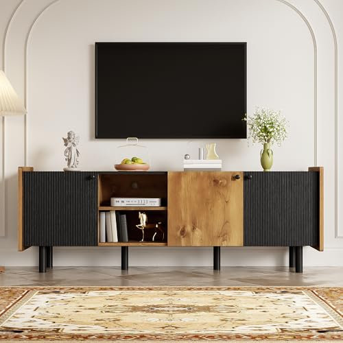 Moderner TV-Schrank mit 3 Türen und 2 Offenen Fächern TV Lowboard für Fernseher bis zu 70 Zoll TV-ständer 160 cm Lang für Wohnzimmer Esszimmer TV Möbel Tisch Board Schwarz TV-Board