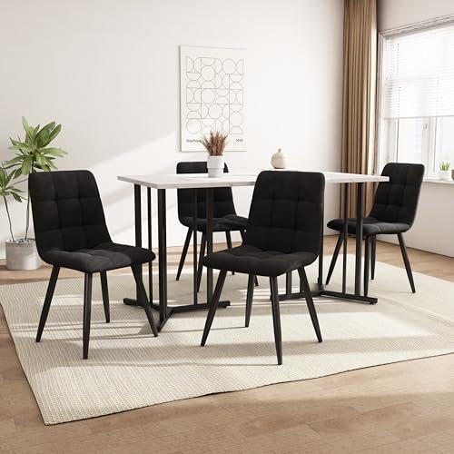 Pawom Esstisch Set 140x80cm Mit 4 Samt Stühlen, Moderner Esstisch Aus MDF Mit Schwarz Metallbeinen, Marmor-Muster Tischplatte, Flexibel Verstellbar, Elegantes Esszimmer Möbel Set