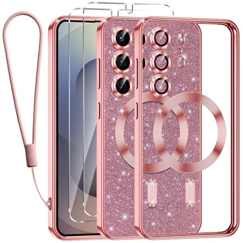 Kokio Glitter Magnetica Cover per Samsung Galaxy S25 Ultra 5G con Cordino, Compatibile con MagSafe, Brillantini Silicone TPU Antiurto Custodia per Samsung S25 Ultra con 2 Vetro Temperato Bumper, Rosa