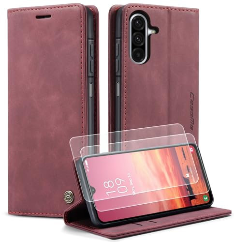 Jumzik Coque pour Samsung Galaxy A26 5G Etui Housse Premium en Cuir Protection Pochette Portefeuille Rabat Clapet Cover Porte Carte Magnétique Flip Case pour Samsung A26-2 Verre Trempé (Vin Rouge)