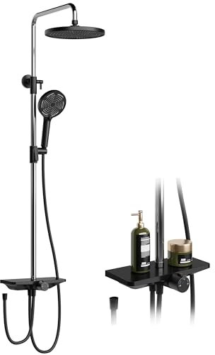 Regendusche Ohne Armatur Mit Ablage, Duschsystem Mit Duschkopf Edelstahl Verstellbare DuschsäUle Duschstange ÜBerkopfbrause Set Kopfbrause Rund 25cm Schwarz+Chrom