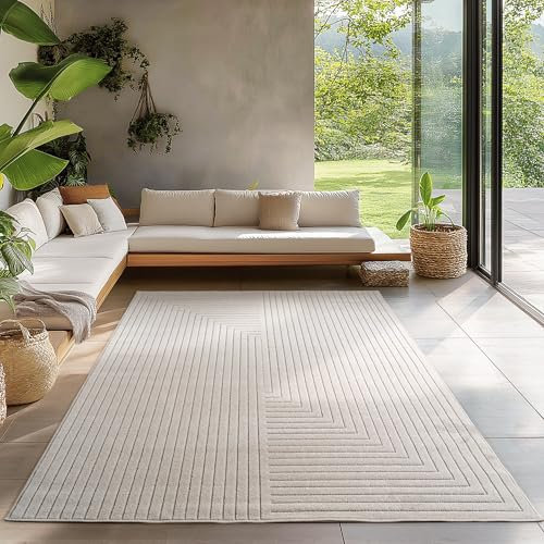 Carpetsale24 Outdoor Teppich auch Wohnzimmer, Schlafzimmer, Wintergarten, Kurzflor Creme, Hoch-Tief-Effekt, weich & waschbar, pflegeleicht, 280x370 cm