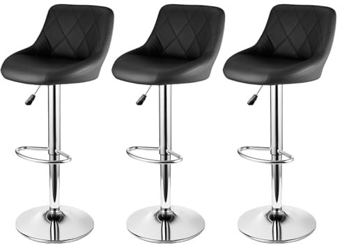 CROWNSHOP Modern Bar Stools Set 3pcs Leatherette Exterior Adjustable Swivel Gas Lift Chrome Footrest and Base for Breakfast Bar Counter Kitchen and Home Barstools Black