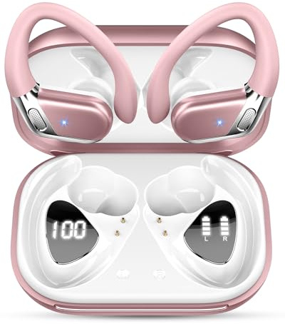 Bluetooth Kopfhörer Sport, Kopfhörer Kabellos Bluetooth 5.4 mit 4 ENC Noise Cancelling Mic, In Ear Kopfhörer mit HiFi Stereo, 50 Std Spielzeit Ohrhörer, IP7 Wasserdicht, Dual LED-Anzeige, Roségold