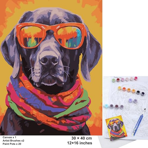 Exerz Lienzo enrollado por números, 30 x 40 cm, 20 colores, 2 pinceles, caja de regalo compacta, juego de arte de viaje ideal para niños y adultos, principiantes y artistas (perro divertido)