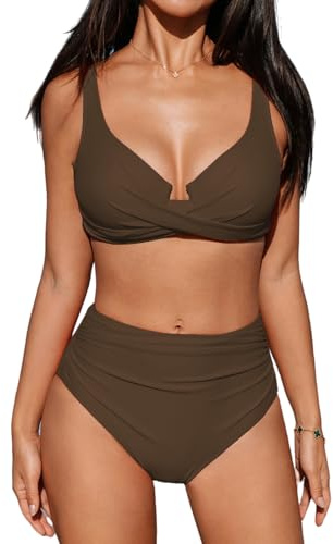 CUPSHE Ensemble de bikini pour femme taille haute Maillot de bain à armatures Bretelles réglables à crochet Torsion Couverture complète Bas