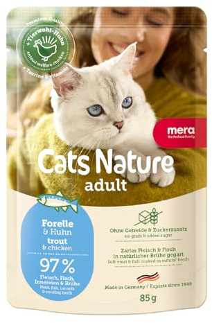 MERA Cats Nature Forelle 12x85g Katzenfutter nass ohne Zucker & Getreide | Hochwertige Rezeptur mit hohem Fleischanteil - Alleinfuttermittel, magenschonend, leicht verdaulich, Familienunternehmen