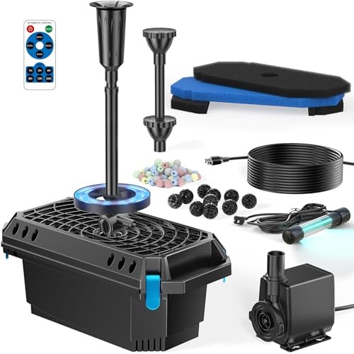 POPOSOAP Teichfilter 2500 l/h mit UV-Klärer für Außenteiche bis 6000 Liter | Teichpumpe und Filter-Set mit und RGB-LED-Lichtern, All-in-One-Teichbrunnen für Gartenteiche und Wasserspiele