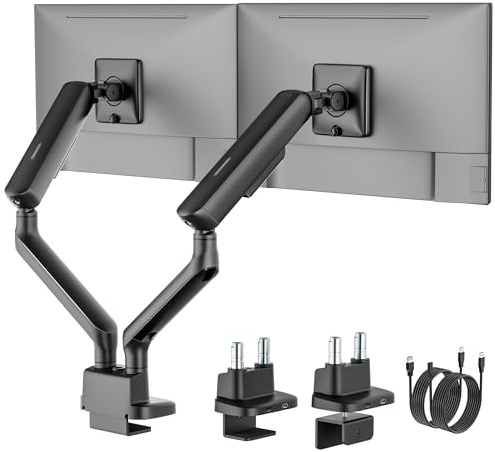 monTEK Bras de moniteur double avec USB, bras de moniteur à ressort mécanique pour écrans de 17 à 35, support de bureau réglable pouvant supporter jusqu'à 11 kg avec pince en C/œillet, VESA 75/100 mm