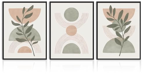 Dazzlewall 3er Set Minimalistische Boho Salbei-Grün Wanddeko, Botanische Blätter & Geometrische Formen Wandbilder für Schlafzimmer Wohnzimmer Ohne Rahmen 30x40 cm