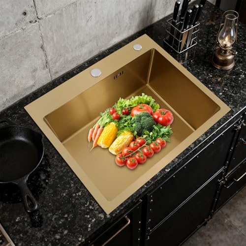 Gdetnysty Évier de cuisine, en acier inoxydable 304, pour plan de travail, encastré, lave-vaisselle, avec panier d'égouttement, 55 x 45 cm, moderne, trou de trop-plein, doré