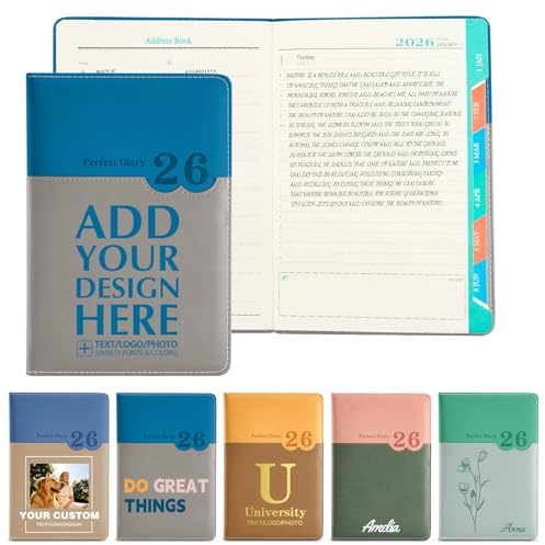 ENOMY Executive Personalisierter Planer A5 Hardcover Kalenderbuch 2026 – Geschäfts-Tagesplaner mit Wochenansicht, PU-Leder & dickem Papier für Büro & Studium Seeblau-grau