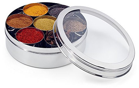 Zinel 7201 Stainless Steel Spice Box/Masala Dabba with 7 Comparments and Transparent Lid, 18cm, 18 cm, Silver